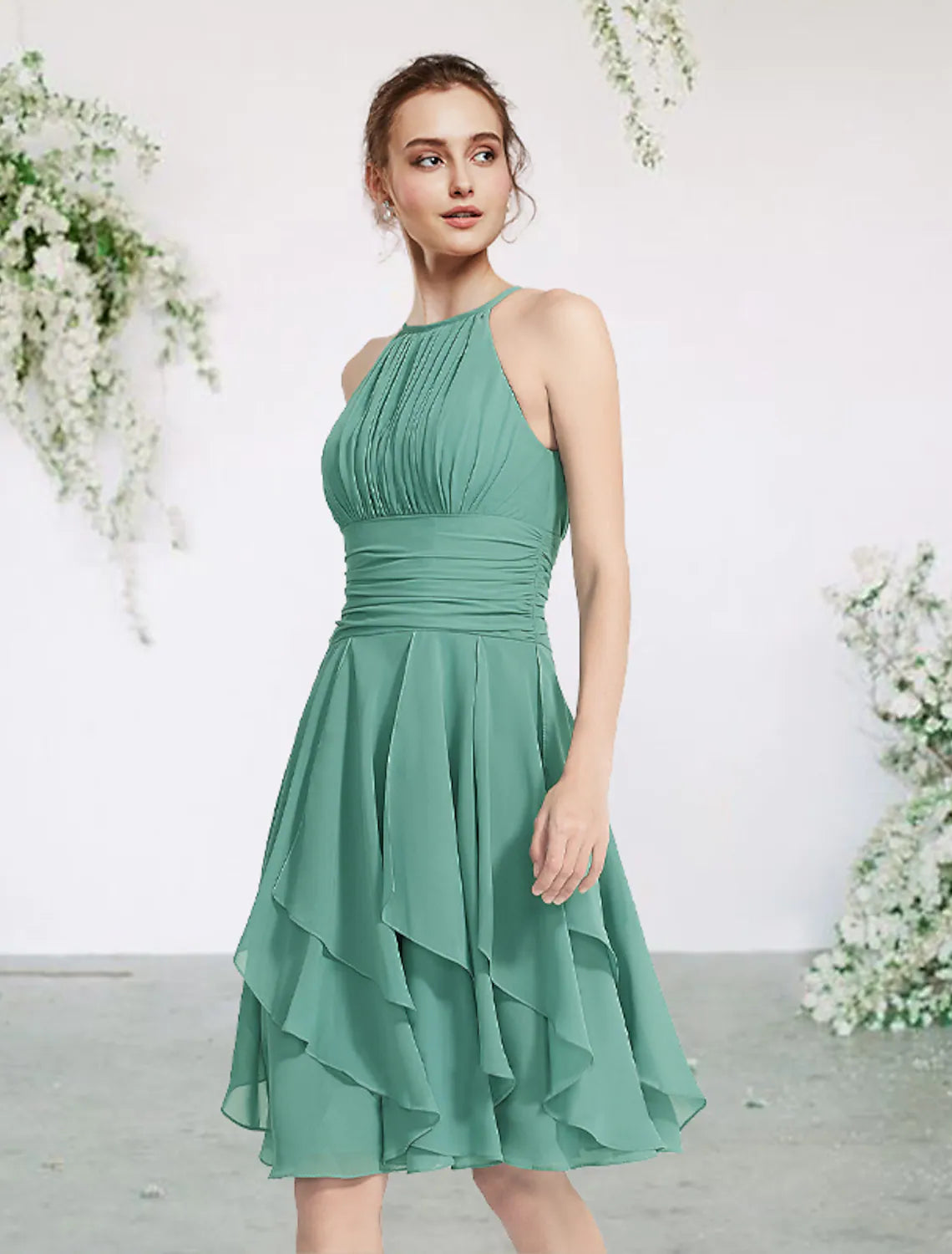 A-Line Bridesmaid Dress Sleeveless Elegant Short Mini Chiffon with Pleats Cascading Ruffles