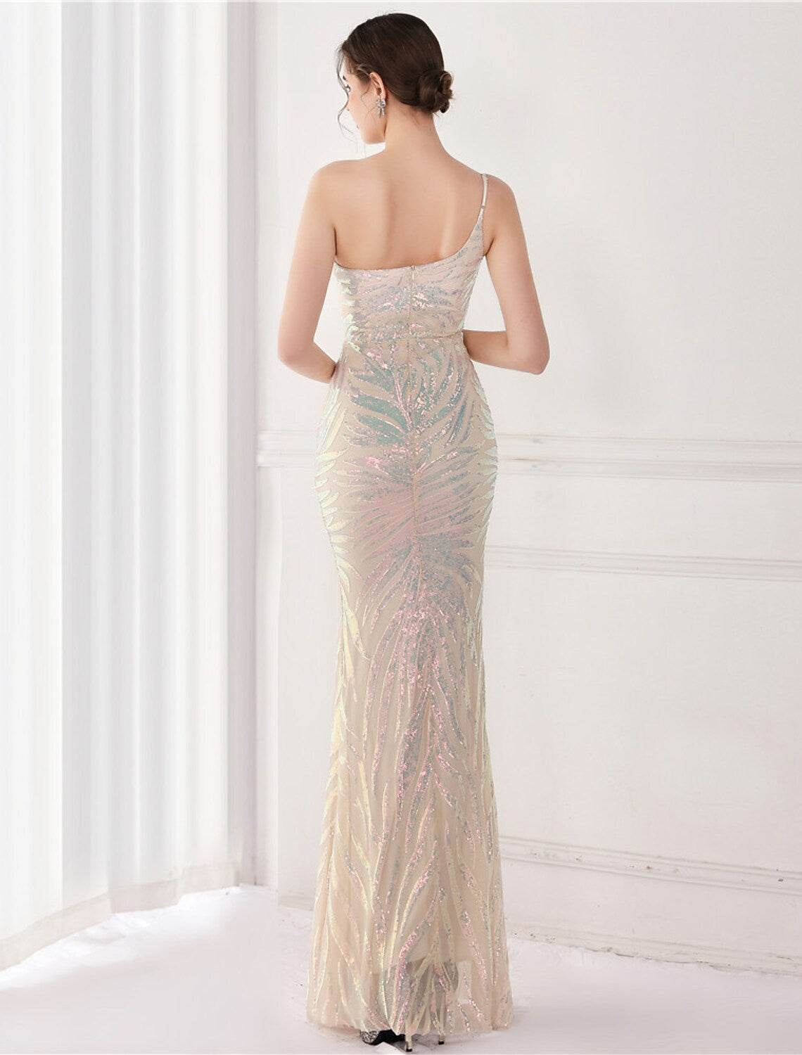 Evening Gown Elegant Dress Wedding Floor Length Sleeveless One Shoulder Sequined V Back with Sequin