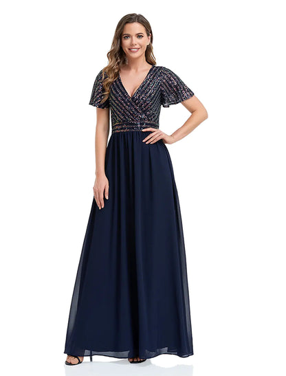 A-Line Evening Gown Elegant Dress Floor Length Short Sleeve V Neck Sequined