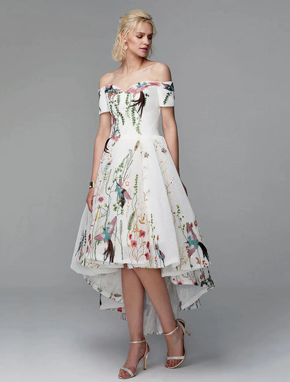 Dress Wedding Asymmetrical Short Sleeve Off Shoulder Polyester with Embroidery